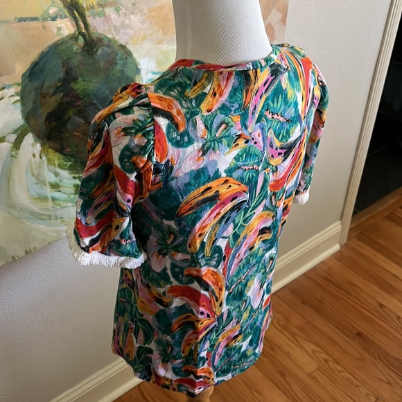 Chico's Linen Fringe Elbow Sleeve Tropical Banana Print Tee Top 00 xs - Picture 7 of 16